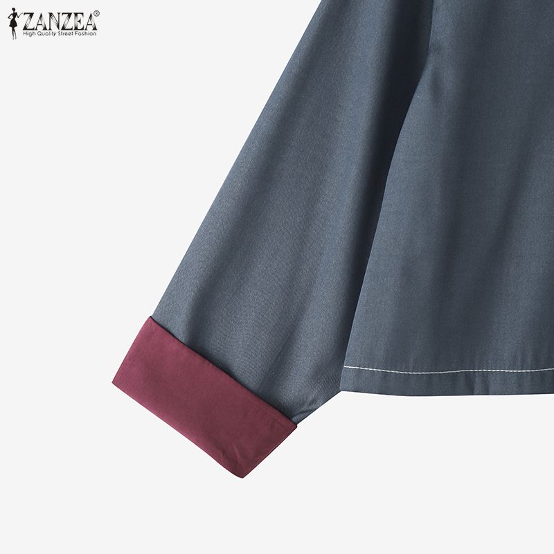 ZANZEA Women Splice Turn Down Collar Casual Long Sleeve Blouse