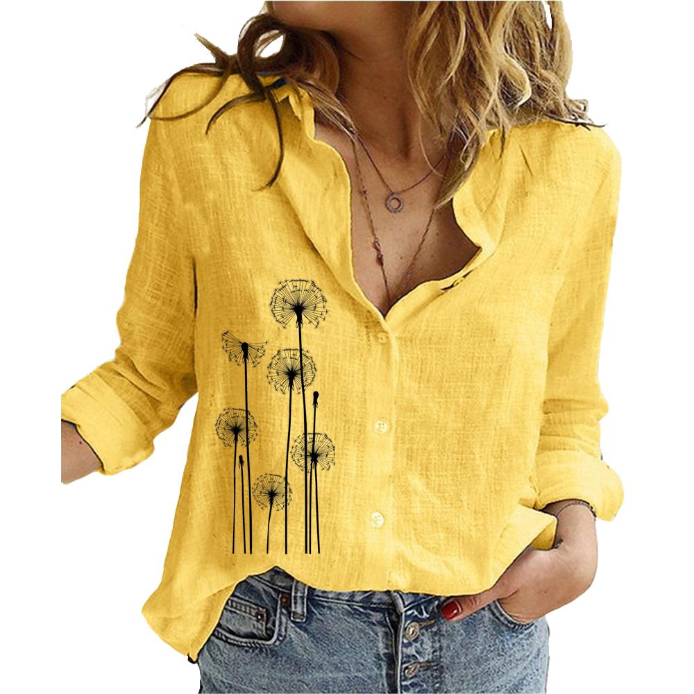 

Women Fashion Stand-collar Buttoned Blouse Summer&fall Long Sleeve Cotton Linen Top Ladies Casual Floral Print Shirt 5XL жёлтый