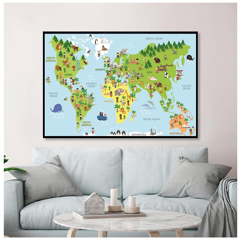 Sea Life Continents Animal World Map Picture Children Poster Nursery Wall Art Canvas Print Painting Baby Kids Bedroom Decoration