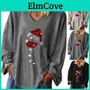 Trendige Damen Weihnachten Weinglas V-Ausschnitt Langarm Pullover Bluse Tops