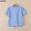 VONDA Women Puff Short Sleeve Bow Knot Striped Casual Ruffled Blouse Tops