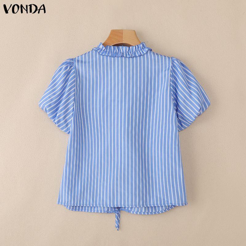 VONDA Women Puff Short Sleeve Bow Knot Striped Casual Ruffled Blouse Tops