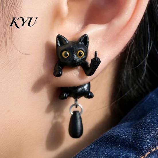 Lustige schräge Alltagsaccessoires 1 Paar Schwarze Katze Mittelfinger Ohrringe für Damen, 3D-gedruckte niedliche matte Textur Tierohrringe, Lustiger Gothic Front