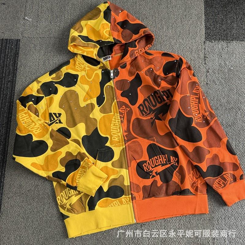 Vintage Washed Hoodie With Rhinestone Embroidery Streetwear Hip Hop Oversized Zip-Up Sweatshirt Men