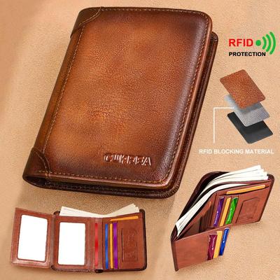 Men's Vintage Cowhide Wallet, RFID Protection Short Multi-Functional ID Card Credit Card Holder Top Layer Cowhide Money Bag 2 ID Card Windows