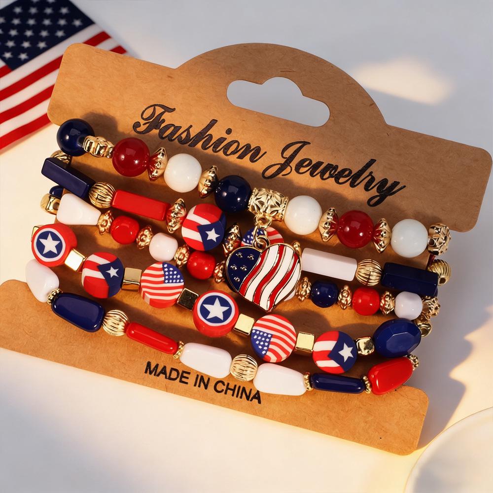 Independence Day Red, White & Blue Beaded Bracelet Set with Artificial Crystal & Polymer Clay