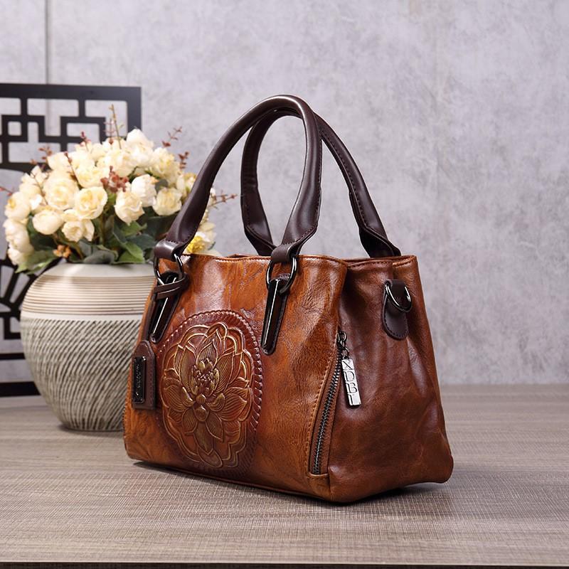 Johnature Women's Handbag Boston Bag Retro Embossed Handmade Large Capacity Versatile Shoulder Bag
