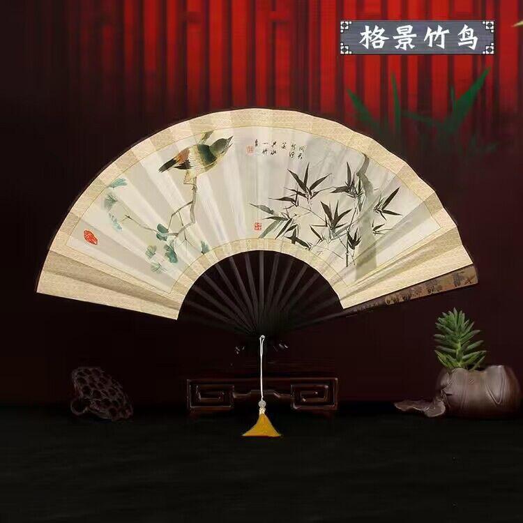 Retro style men's big folding fan with fan tassel Portable daily decorative hand fan Laser engraving fan bone Durable hand fan