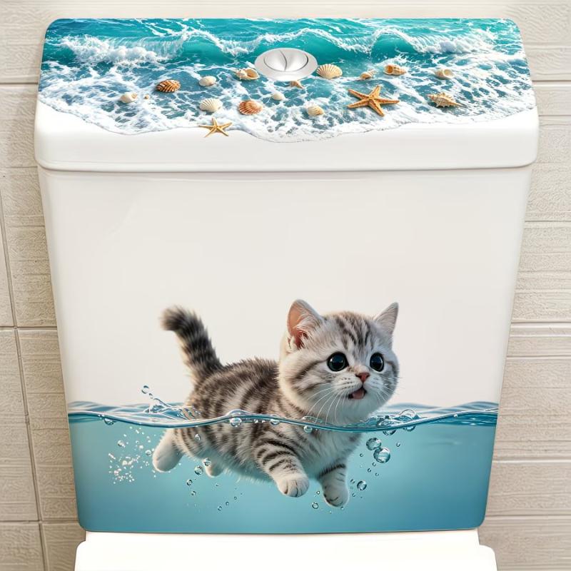 Cute Swimming Cat Toilet Sticker Waterproof Self-Adhesive Non-Toxic Vinyl Decal Safe for Kids Bathroom Wall Decor