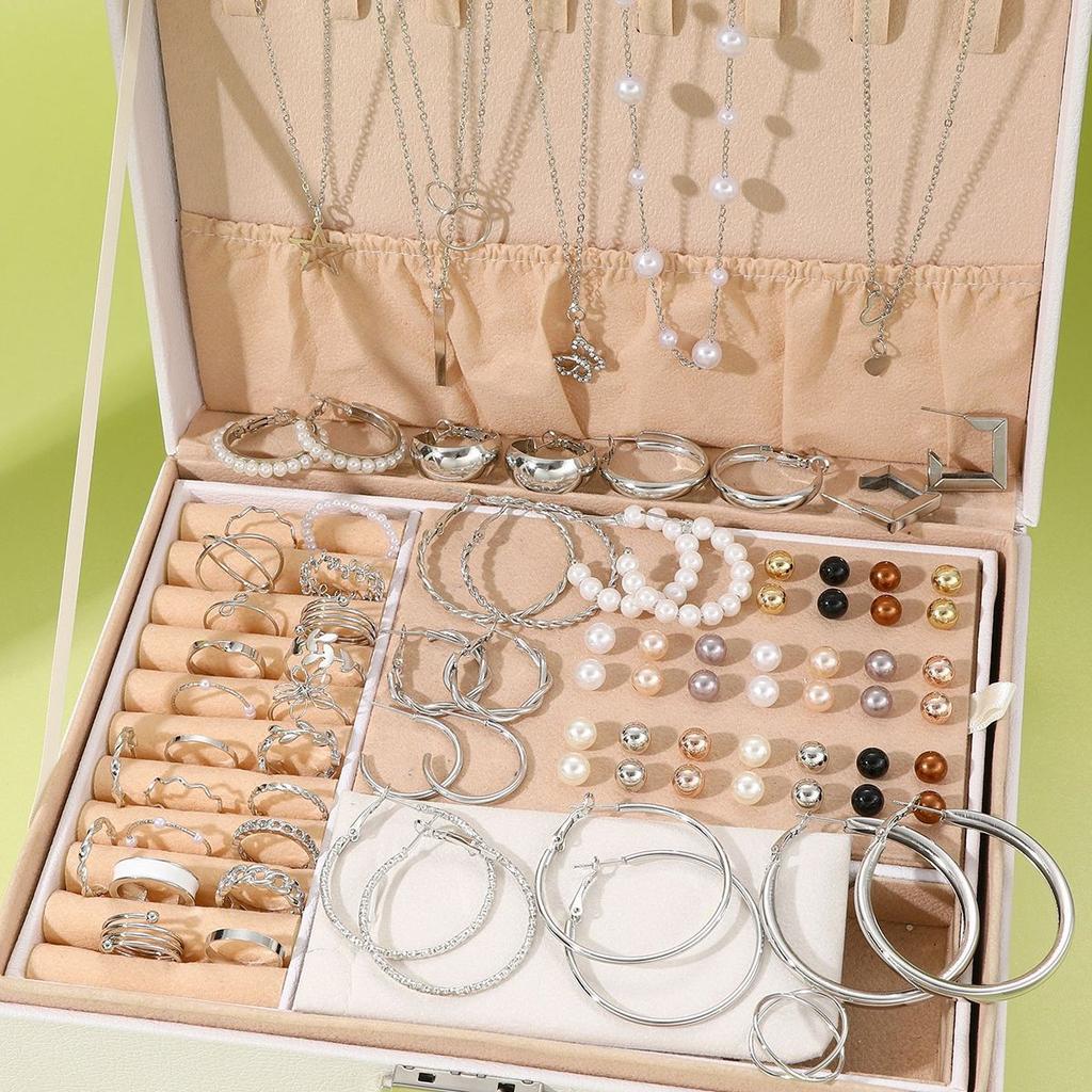 86 Stück/Set Elegante Perlenohrringe Mehrschichtige Halskette Ohrstecker Ringe 4-in-1 Schmuckset für Damen Tägliches Tragen Geschenk (Kein Kasten)