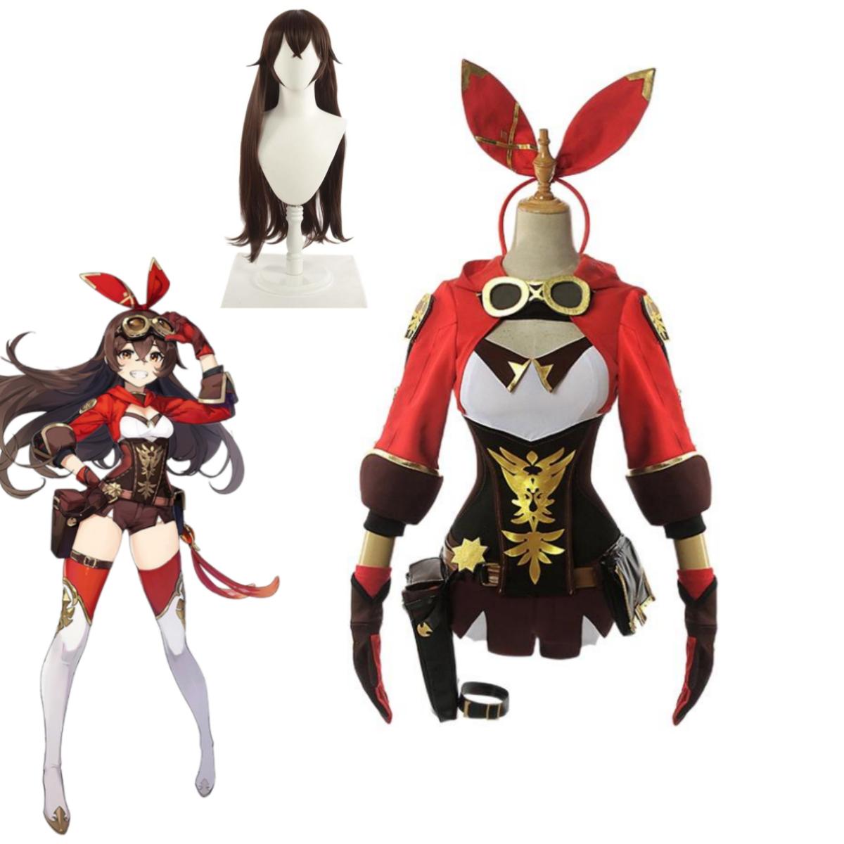 

Гра Amber Cosplay Costume Amber Wig Women Red Top Pant Halloween Party Uniform Full Set L-(Costume+Wig)