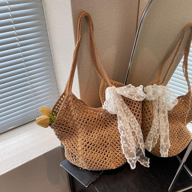

Summer Beach Bag Mesh Women Woven Lace Bow Shoulder Purse Large Capacity Clutch Purse Solid Color Shopping Vacation Travel