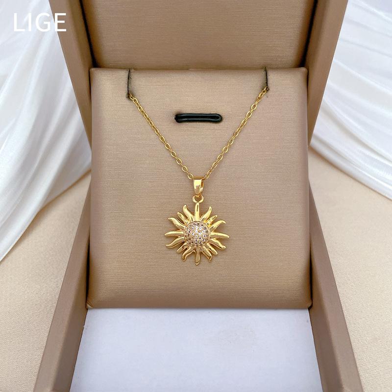 Sunflower Sunflower Light Luxury Temperament Gorgeous Full Diamond Necklace Women'S Versatile Collarbone Chain Titanium Steel Chain