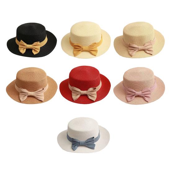 Beach Straw Hat Flat Top Wide Brim Sun Protection Hat with Striped Print Ribbon Bow Hand-Woven Breathable Summer Hat