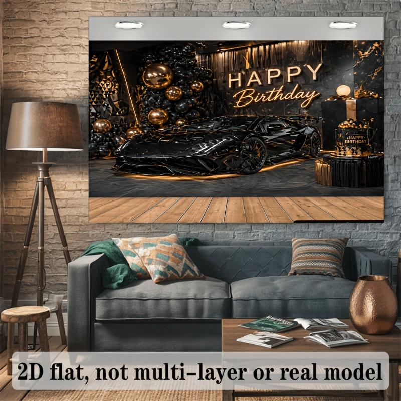 2D plane birthday party banner background black and gold super car theme featuring a bright black super carzyc