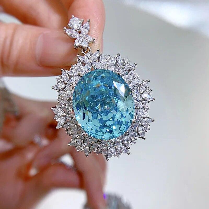 New Nobility 100% 925 Sterling Silver Paraiba Necklace Top Grade 18*21mm Diamond Pendant Gemstone Wedding Bride Fine Jewelry