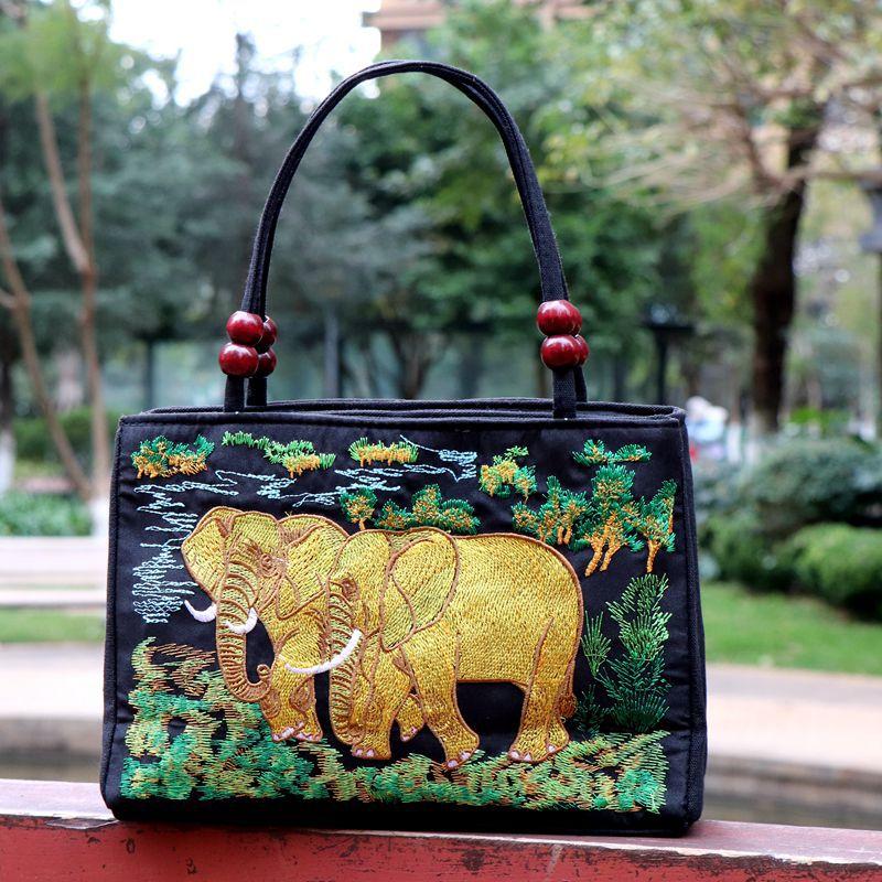 

Ethnic Chic Double Wooden Bead Tote Bag - Reversible Double-Sided Floral Embroidery Boho Purse for Women, Tribal Pattern Casual Handbag