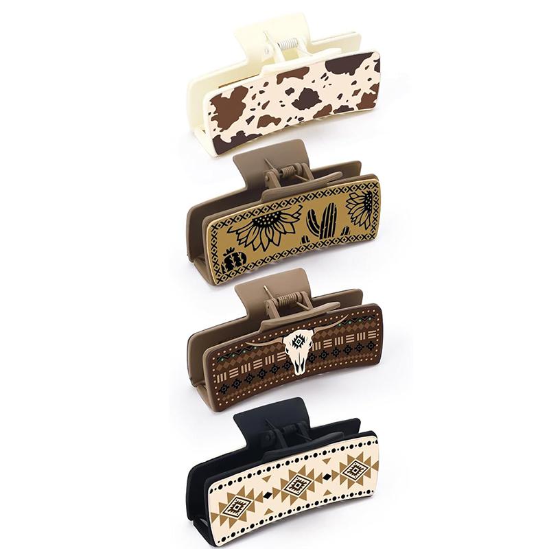 

Заколки-крабы для волос из кожи в стиле вестерн с квадратными крабовыми заколками-крабами и цветочным принтом для укладки волос с юго-запада, аксессуары для волос из коровьей кожи