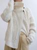 Women's European Style Thick Wool Chunky Knit Cardigan with Big Lapel and High Neck Sweater.