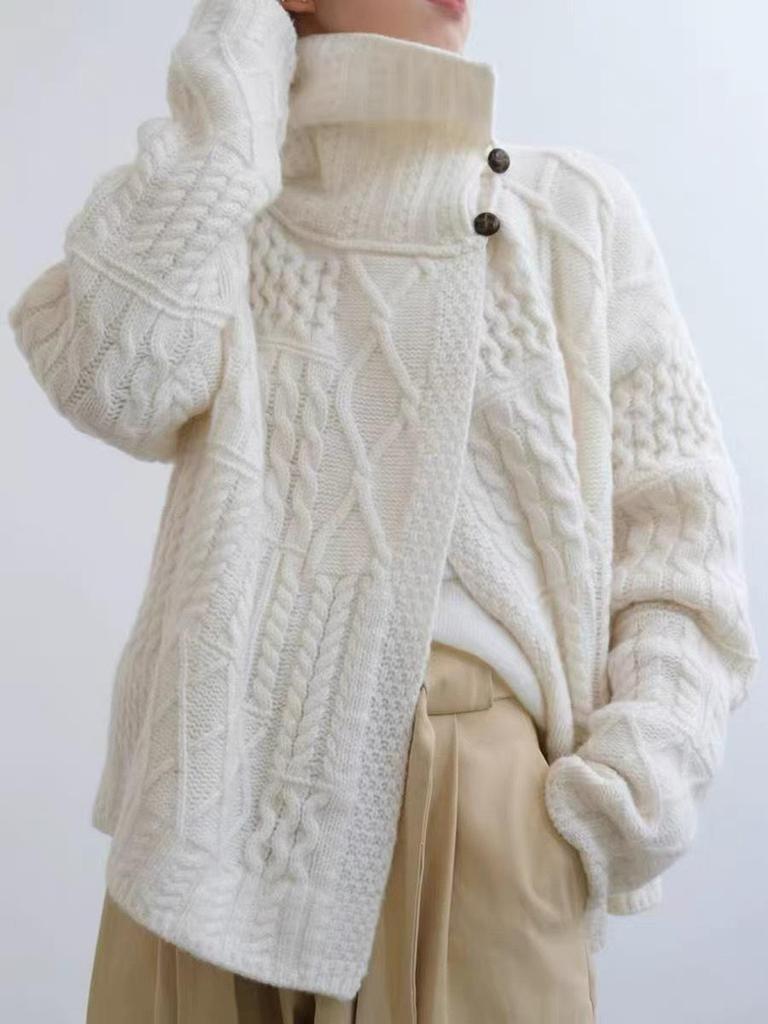 Women's European Style Thick Wool Chunky Knit Cardigan with Big Lapel and High Neck Sweater.