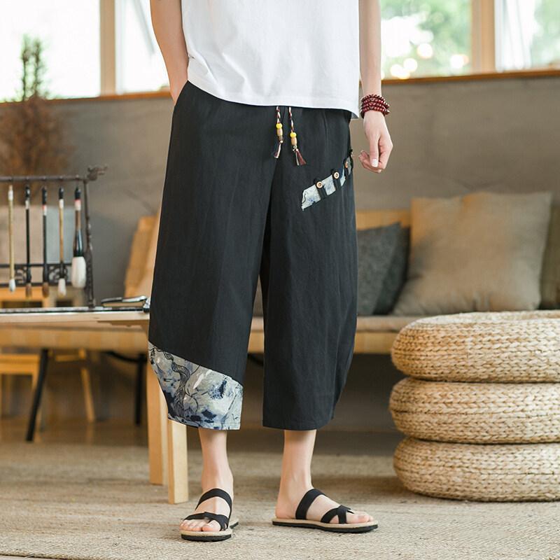 

Cropped Shorts Men s Summer Straight Thin Ice Silk Beach Cotton and Linen Loose Cropped Pants S чорний