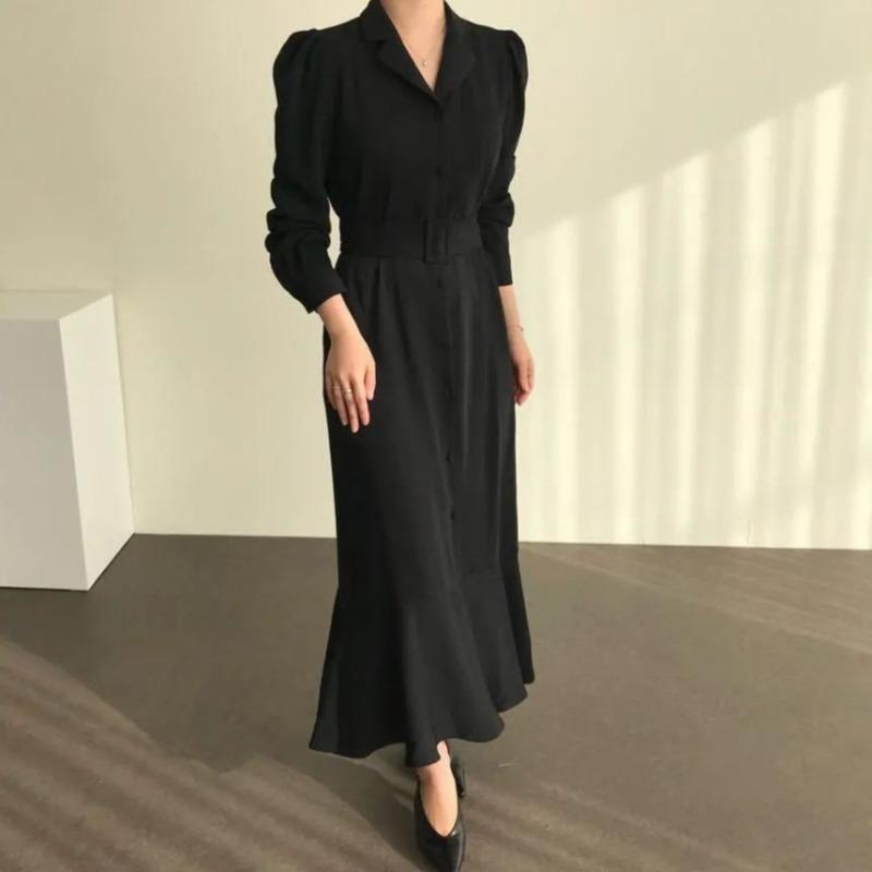 Long Suit Collar Dress Gift Belt Slimming Up The Waist Temperament Long Sleeved Fishtail Long Skirt Commute Spring Autumn