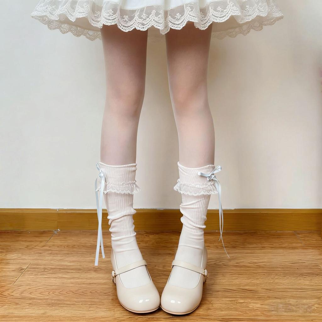 Original Japanese-style Lolita Thin Mid-Calf Knitted Polyester Tube Socks Bows Lace Design Breathable Anti-Bacterial Daily
