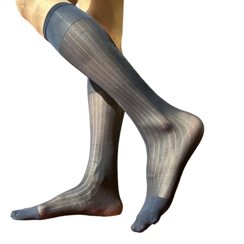 Mens Nylon Sheer Suit Socks Business Dress Socks Elastic Wide Striped See Through Formal Dress Over the Calf Stockings