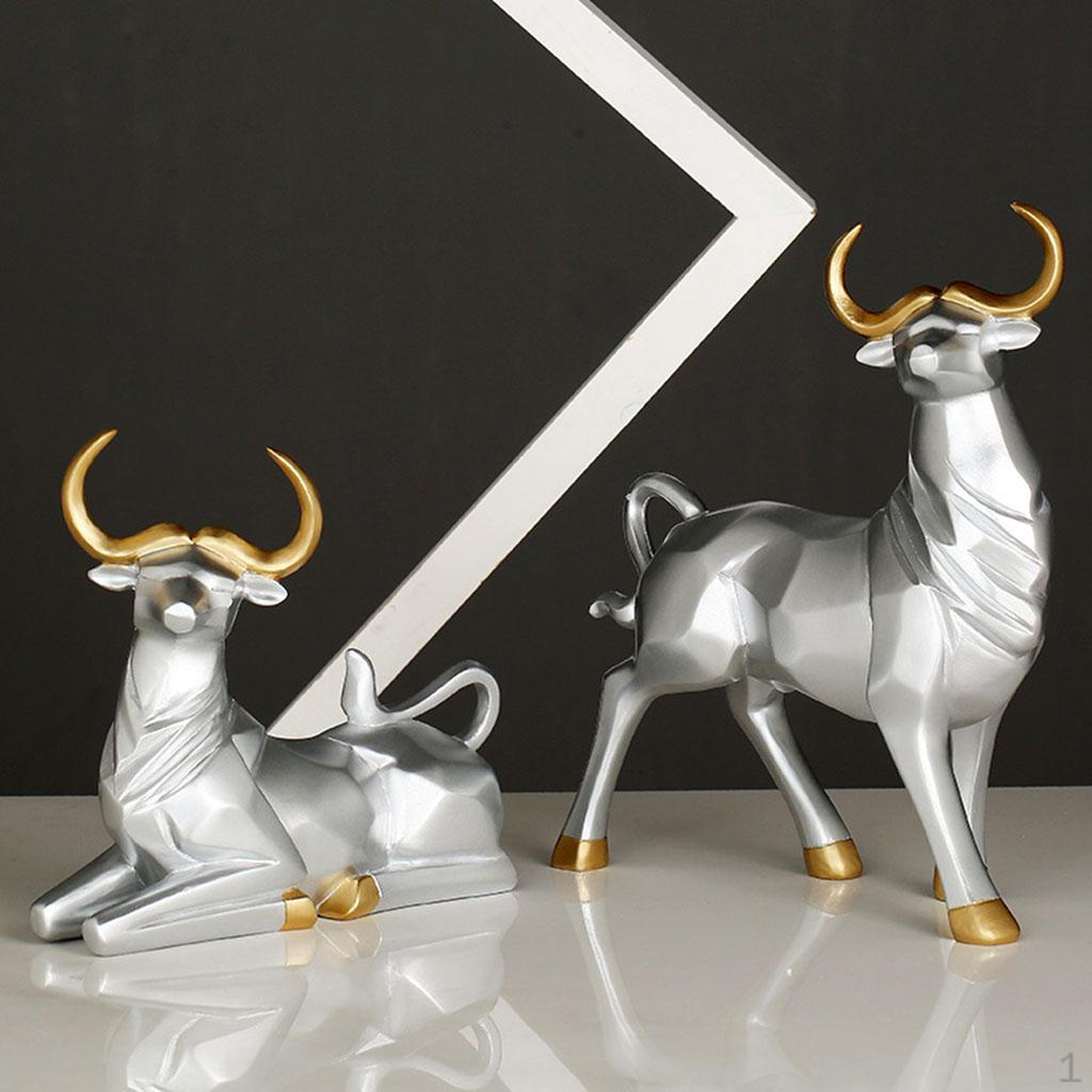 1 Pair Statue Bull Sculpture Figurine Lucky Craftwork for Bookshelf Desk Living Room Christmas Gift