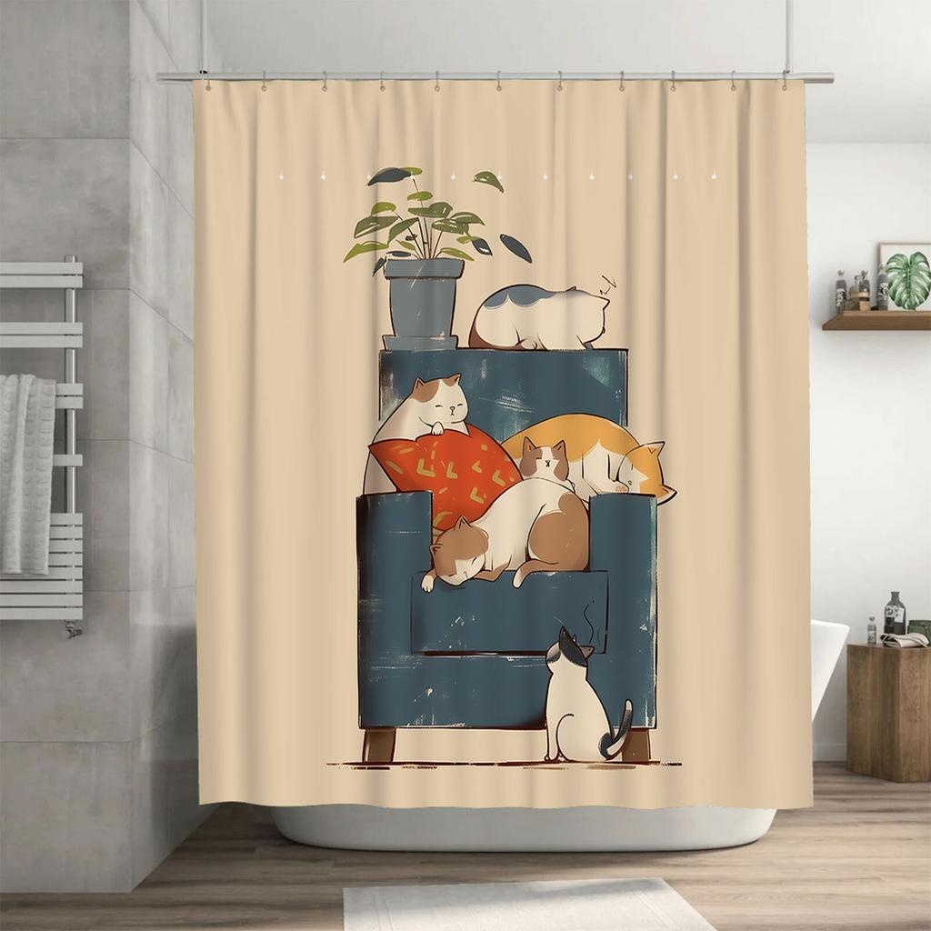 Cute Cat Shower Curtain For Bathroom Decor - Creative Illustration Of Lazy Cats On Sofa Waterproof Polyester Rustproof Hooks