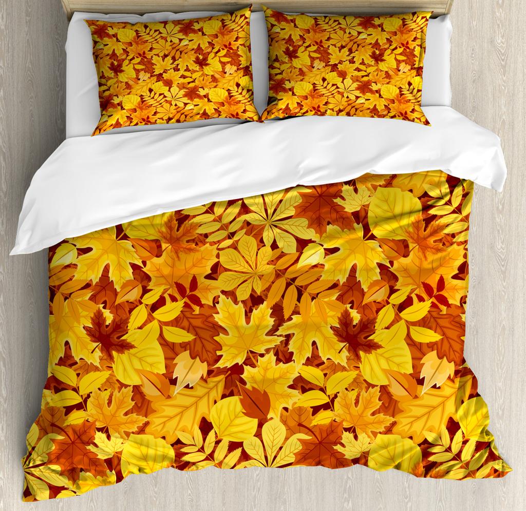Leaves Duvet Cover Set Fall Season Canadian Maple Leaf Natural Plant Gold King Queen Size for Kid Boy Girl Polyester Bedding Set