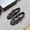 Cowhide Version~ Flat Bottom Metal Pearl One-word Buckle with Mary Jane Shoes Women's Autumn Leather Versatile Hollow Shallow Mouth Single Shoes