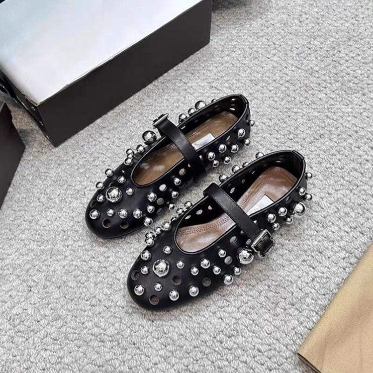 Cowhide Version~ Flat Bottom Metal Pearl One-word Buckle with Mary Jane Shoes Women's Autumn Leather Versatile Hollow Shallow Mouth Single Shoes