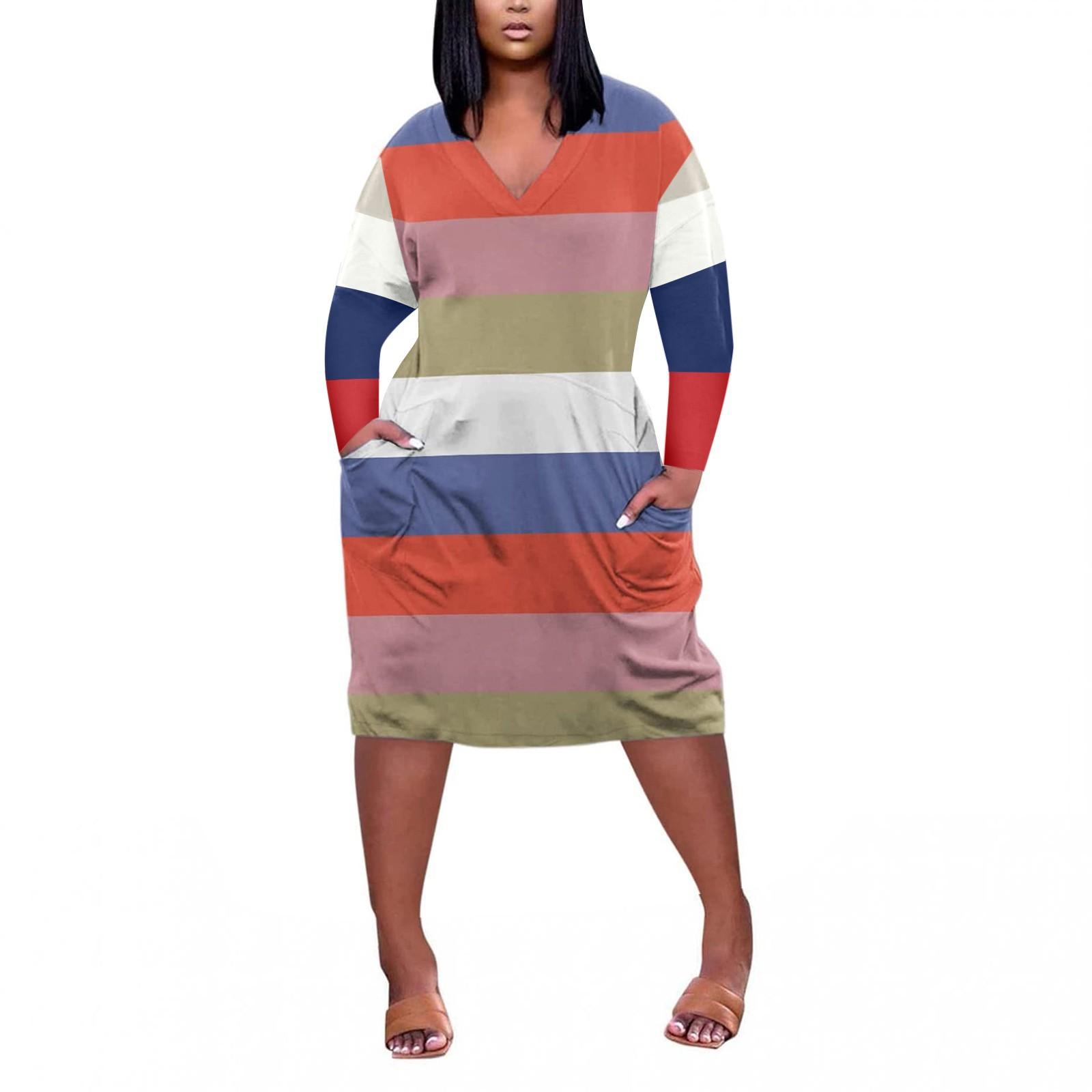 Women s Summer Plus Size V Neck Long Sleeve Knee Pocket Casual Dress XXXL