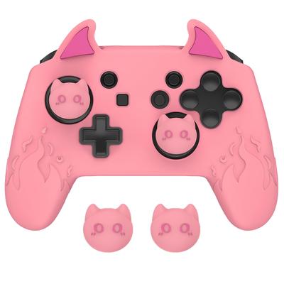PlayVital Cute Demon Silicone Grip Cover for Nintendo Switch Pro Joystick Cap and Stickers Included Controller, [Pink]