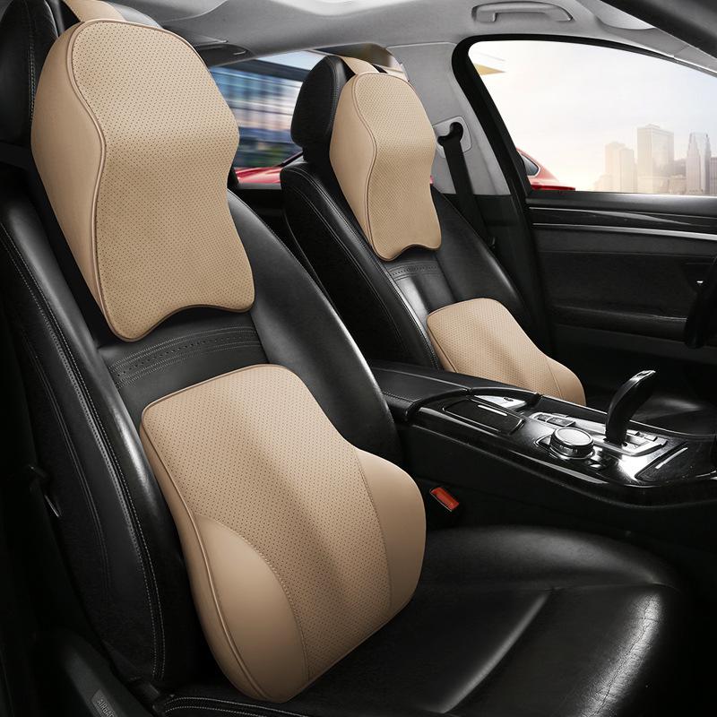 Celoroční polštář pod hlavu a bederní opěrka do auta z paměťové pěny s nappa kůží