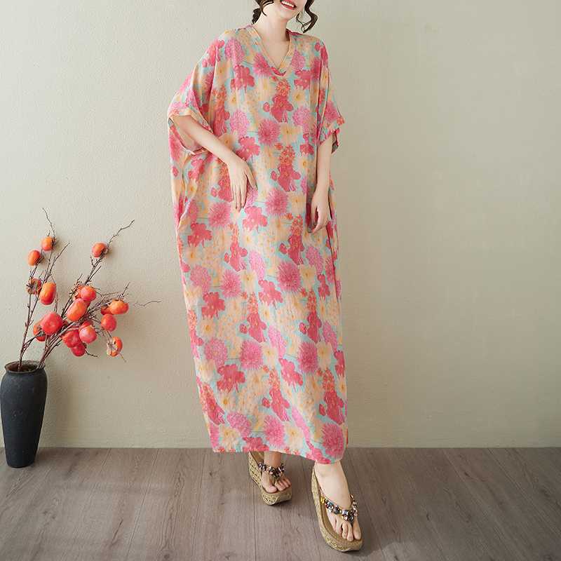 V-neck Retro Long Skirt Cotton Linen Dress for Women