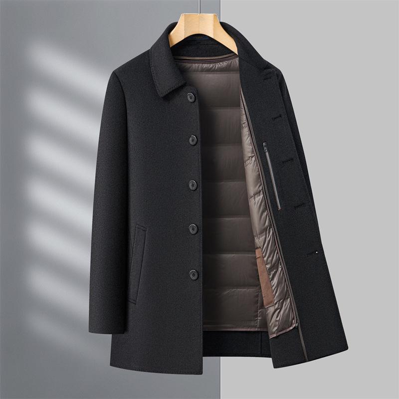 Men's Double-Faced Cashmere Overcoat with Detachable Down Lining - Business Casual Mid-Length for Middle-Aged Dads