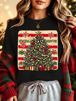 Vintage Christmas Tree Gift Snowflake Womens Crew Neck Short Sleeve T Shirt Retro Holiday Gingerbread Graphic Tees For Ladies
