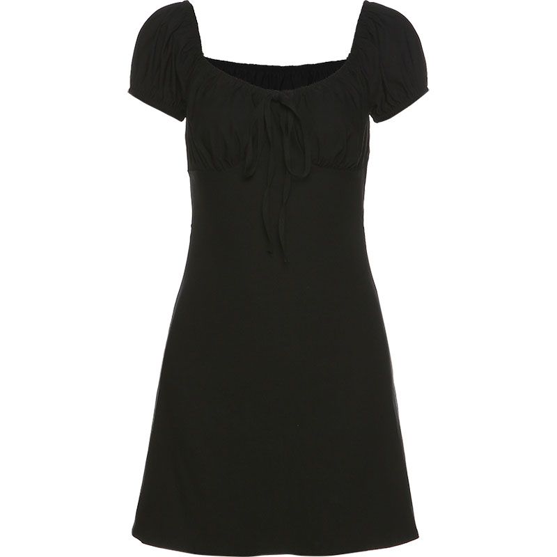 

Weird Girl French Style Retro Lantern Sleeve Pure Color Dress Fashion Chic Lace-up Inspirational Design Slimming Short Skirt for Women Black S