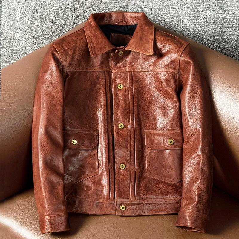 

Куртка из натуральной кожи коровьей кожи верхнего слоя с масляной восковой обработкой для молодежи, джинсовый костюм с лацканами, приталенная осенне-зимняя куртка 5XL тёмно-рыжий