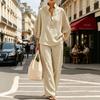 Women's Loose Fit Stand Collar Three Quarter Sleeve Linen Blend Two Piece Pant Set