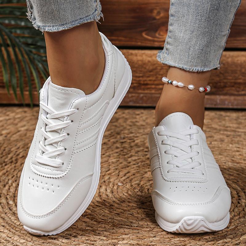 Fashion Women's Lightweight Casual Sneakers White PU Leather Comfort Sports Shoes for Women Lace Up Breathable Running Shoes Plus Size
