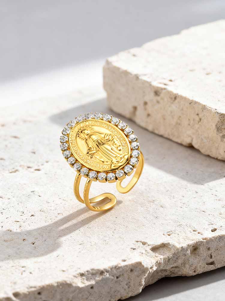 Virgin Mary Ring Oval Zircon Stainless Steel Catholic Religious Jewelry Gift for Women Faith Ring Baptism Gift
