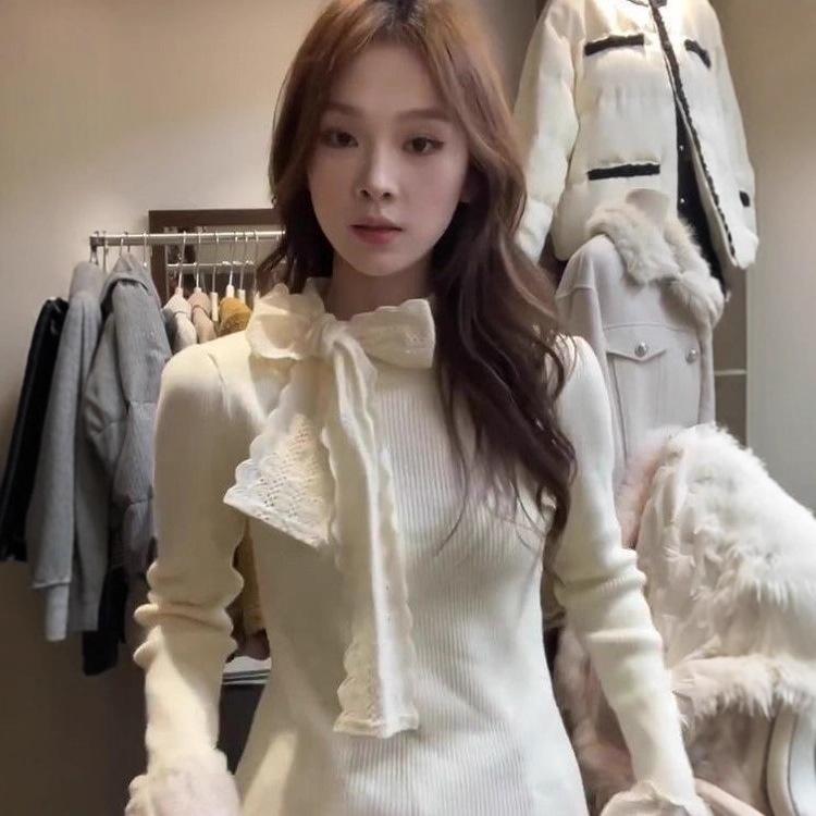 French Lace Bow Long-Sleeve Slimming T-Shirt 2026: Autumn/Winter Versatile Base Layer