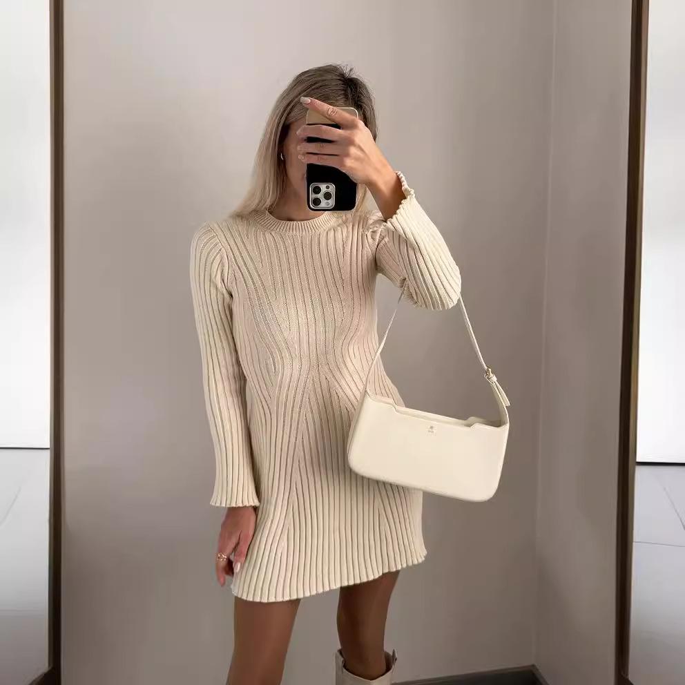 2024 Autumn Women's Solid Color Round Neck Slim Fit Long Sleeve Knit Dress