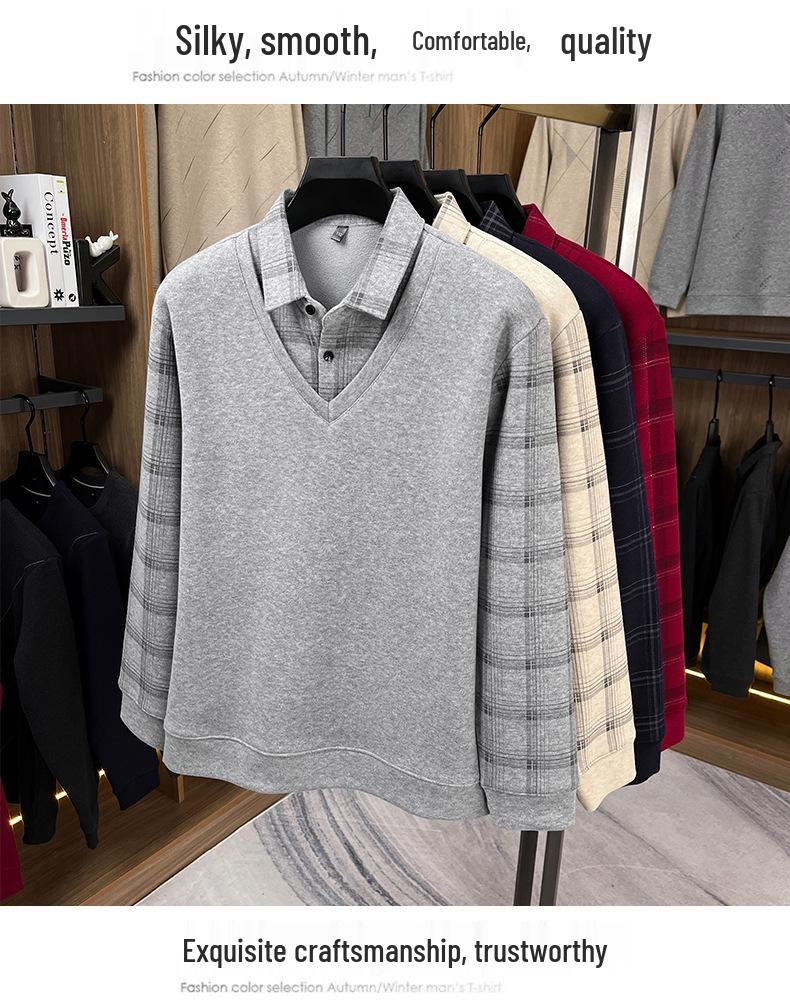 Men's 2025 Winter Plus Velvet Faux Two-Piece Lapel Knitwear for Middle-Aged & Elderly Dads