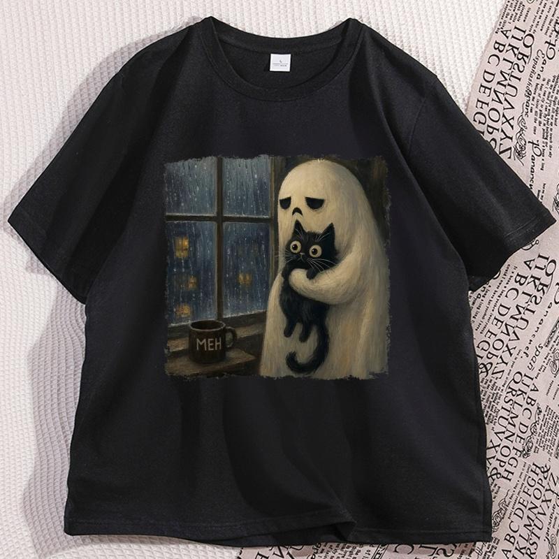 Meh Ghost Tshirt Unisex Unisex Black Cat Tee Funny Halloween Graphic T Shirts Cotton Loose Round Neck Printed Tshirts Clothing