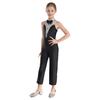 Girls Color Block Jumpsuit Sleeveless Bodysuit Metallic Patchwork Rhinestone Decoration Stage Performance Costume