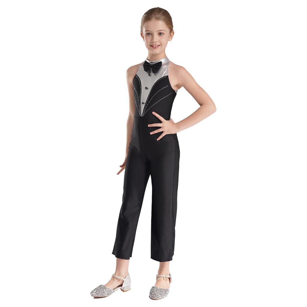 Girls Color Block Jumpsuit Sleeveless Bodysuit Metallic Patchwork Rhinestone Decoration Stage Performance Costume